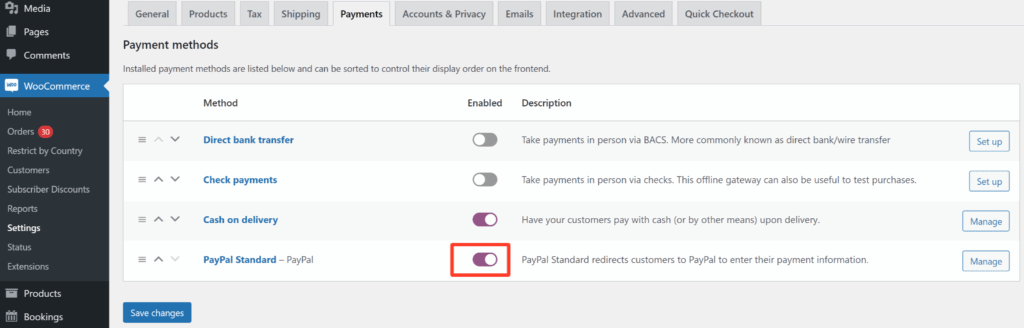 Enable PayPal Standard in WooCommerce.
