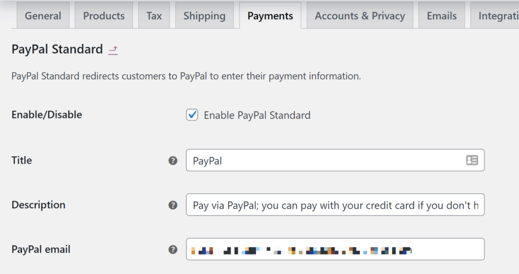 PayPal Standard WooCommerce basic settings.
