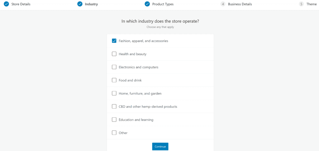 WooCommerce setup industry selection