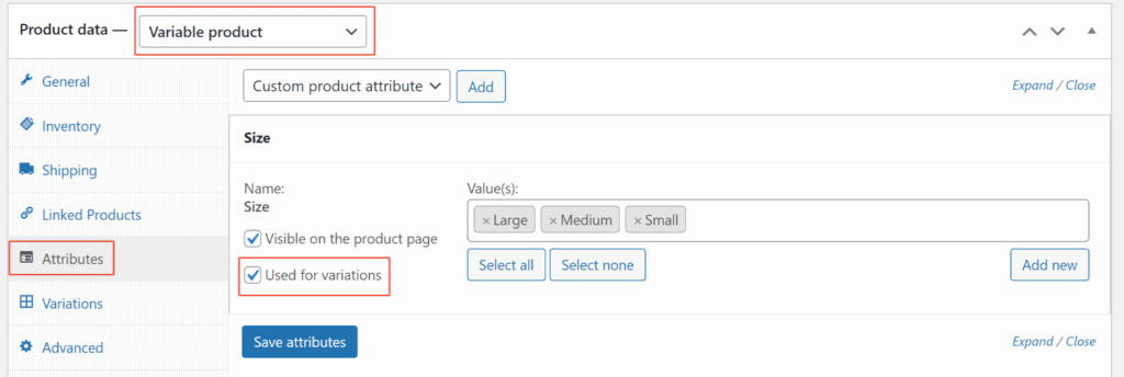 Attributes for WooCommerce variable products.