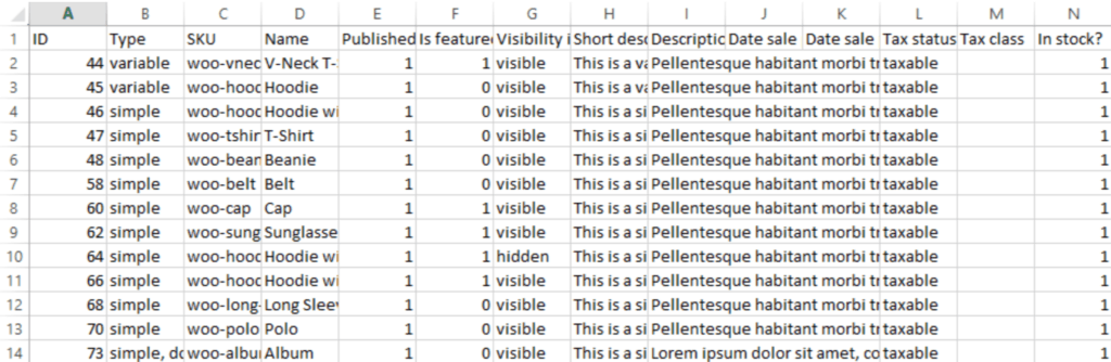 WooCommerce product sample CSV file.