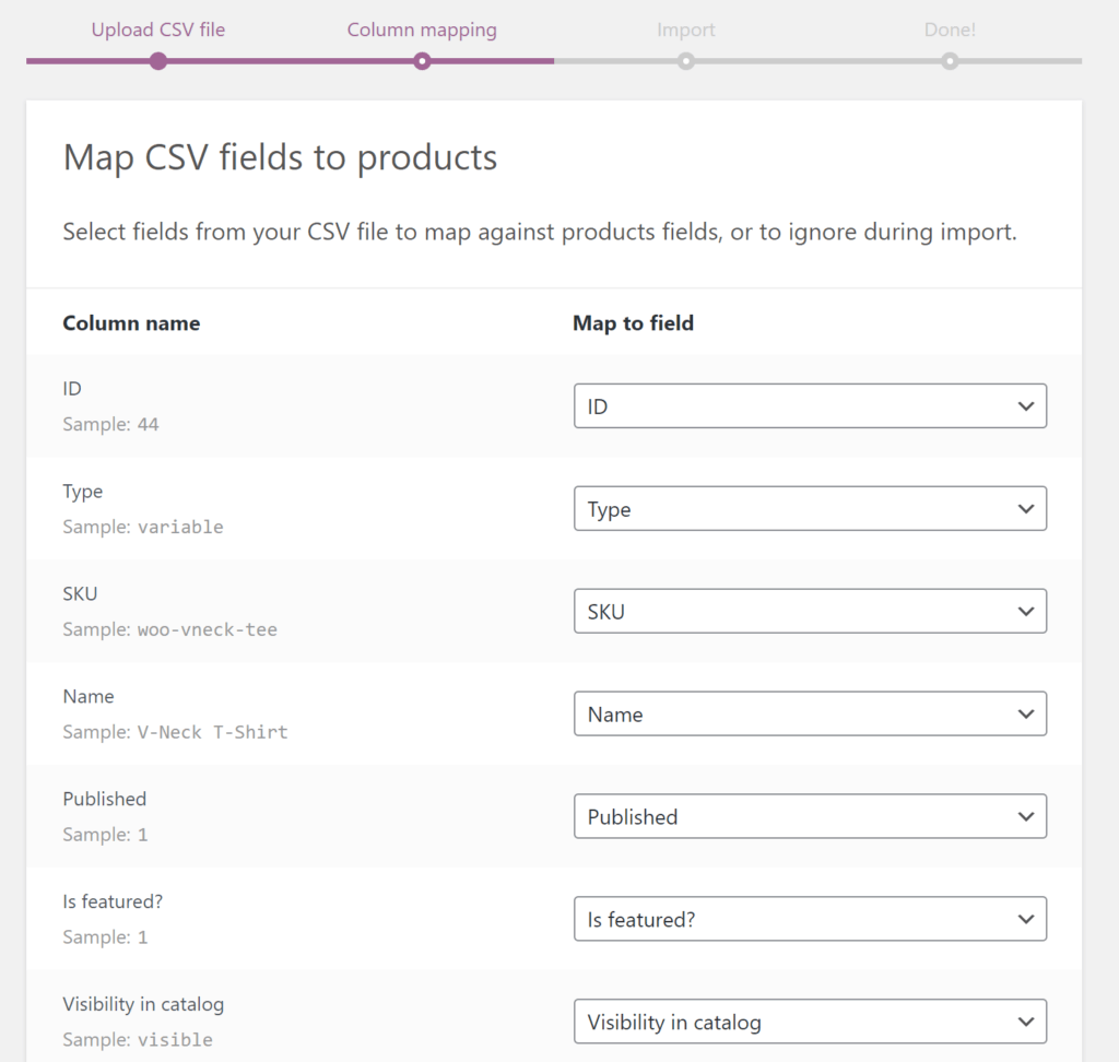 Mapping WooCommerce CSV import fields.
