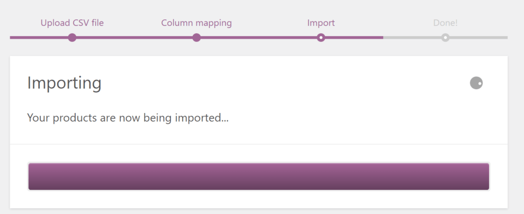 Importing WooCommerce products status bar.
